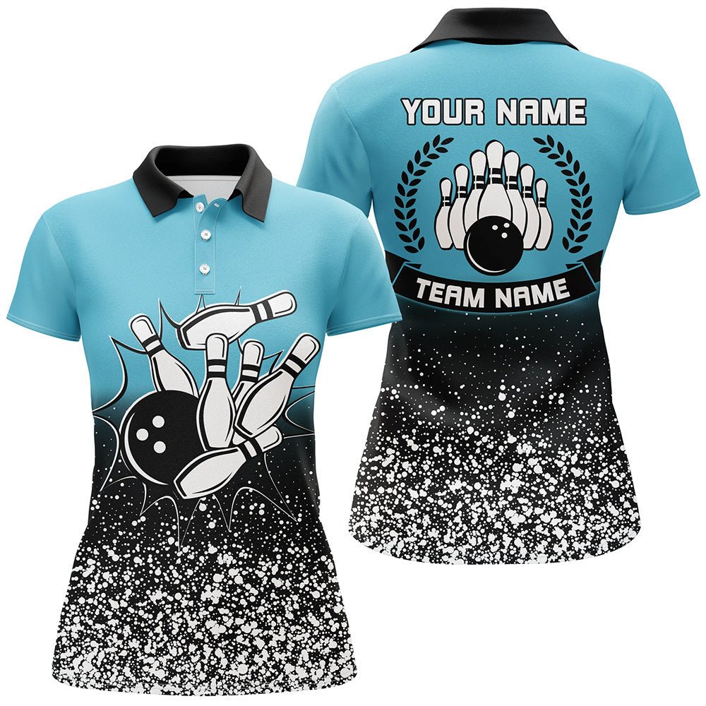 Individuell gestaltete Damen Bowling Polo Shirts mit Retro Bowlingkugel, Pins und Streik-Team-Liga Trikots | Blau - Climcat