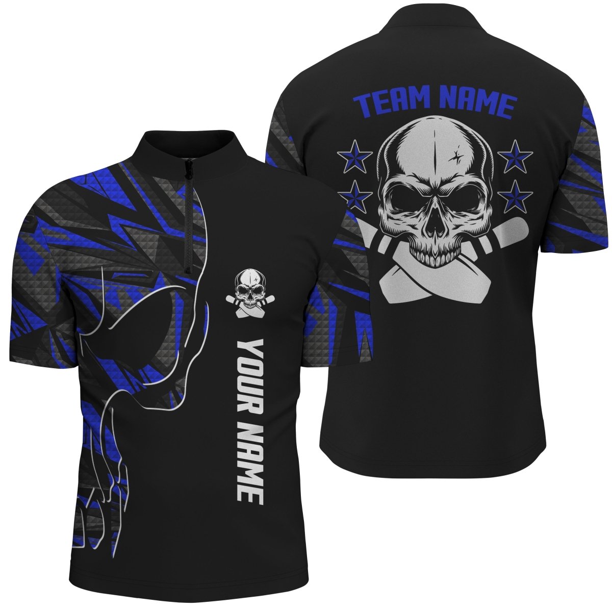 Individuelle blaue Totenkopf-Bowlinghemden für Männer - Personalisierte Team-Bowlingtrikots Q4553 - Climcat