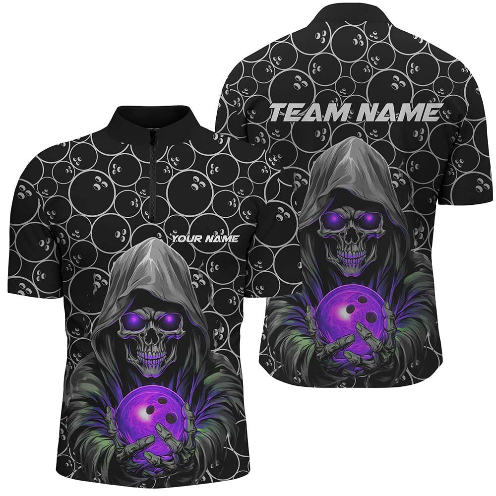 Individuelle Bowling-Outfits: Lila Bowling-Quarter-Zip-Hemd mit Totenkopf für Herren - Personalisierte Bowling-Liga-Teamtrikots P5390 - Climcat