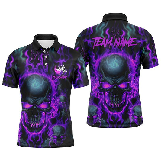 Individuelle Bowling-Polo-Shirts für Herren - Lila Flammen-Schädel-Team-Bowlingtrikots - Halloween-Bowler-Outfits P5380 - Climcat