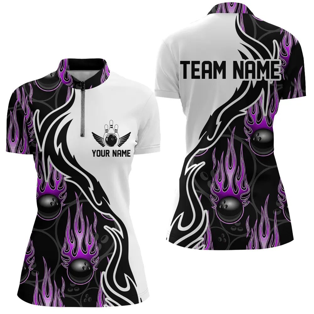 Individuelle Bowling-Shirts für Damen, personalisierte Flammen-Bowling-Teamtrikots | Lila P5006 - Climcat