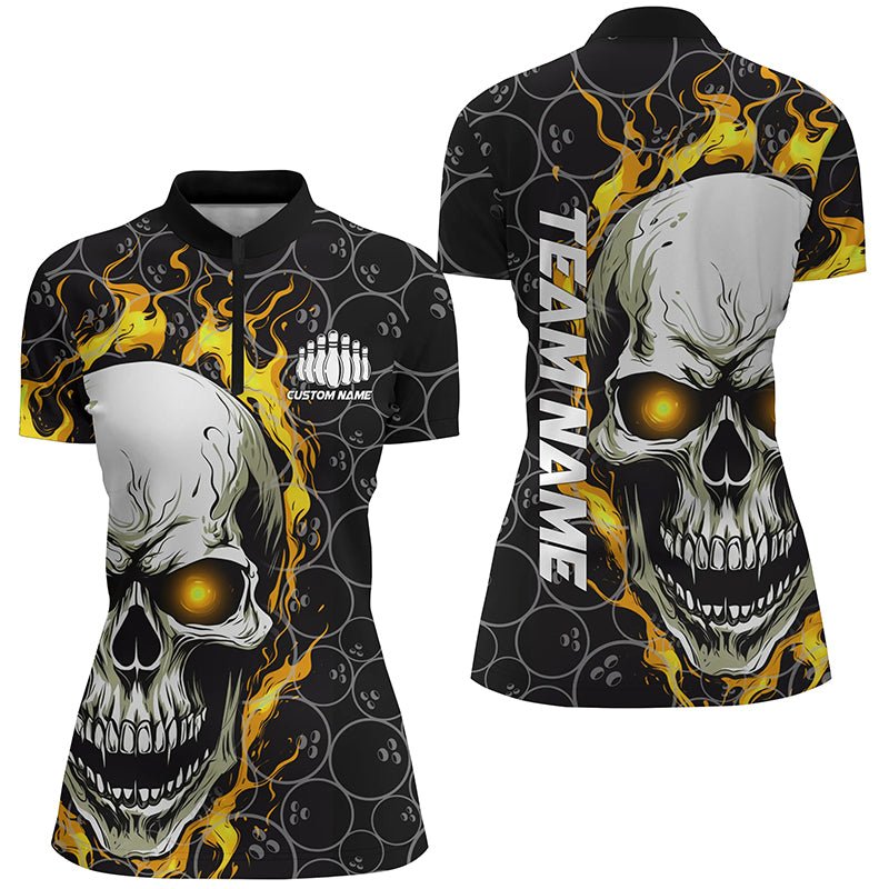 Individuelle Flaming Skull Team Bowling Shirts für Damen, Halloween Bowling Trikots | Gelb P5148 - Climcat