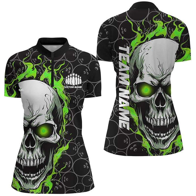 Individuelle Flaming Skull Team Bowling Shirts für Damen, Halloween Bowling Trikots | Grün P5149 - Climcat