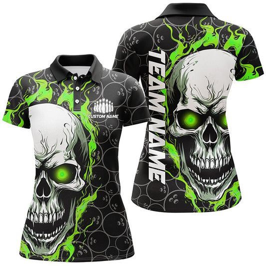 Individuelle Flaming Skull Team Bowling Shirts für Damen, Halloween Bowling Trikots | Grün P5149 - Climcat