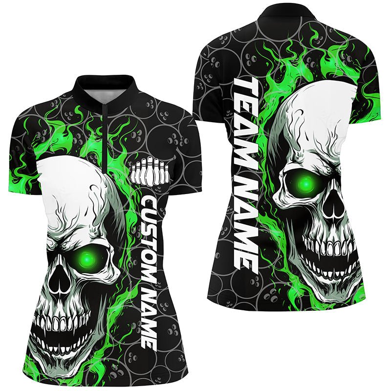 Individuelle Flaming Skull Team Bowling Shirts für Damen, Halloween Bowling Trikots | Grün P5180 - Climcat