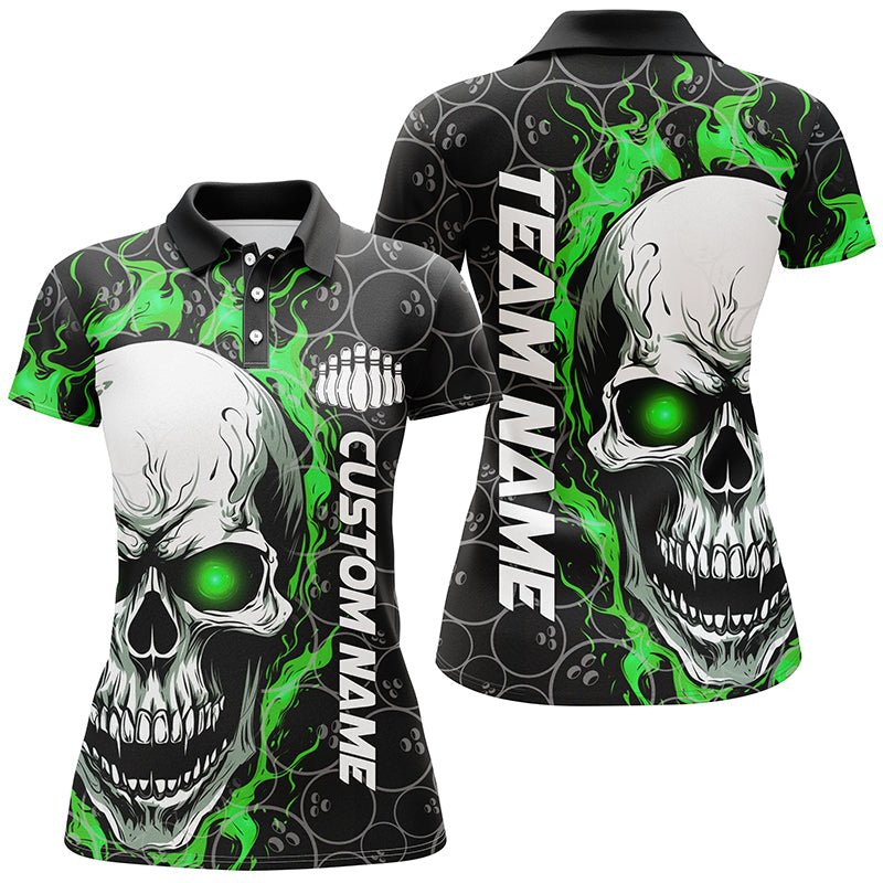 Individuelle Flaming Skull Team Bowling Shirts für Damen, Halloween Bowling Trikots | Grün P5180 - Climcat