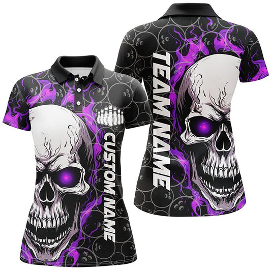 Individuelle Flaming Skull Team Bowling Shirts für Damen, Halloween Bowling Trikots | Lila P5181 - Climcat