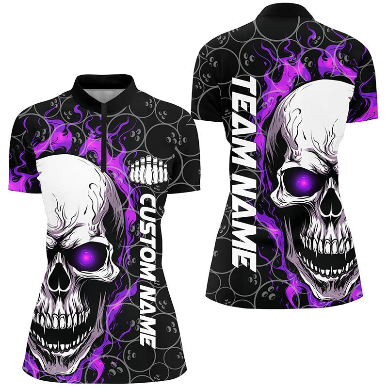 Individuelle Flaming Skull Team Bowling Shirts für Damen, Halloween Bowling Trikots | Lila P5181 - Climcat