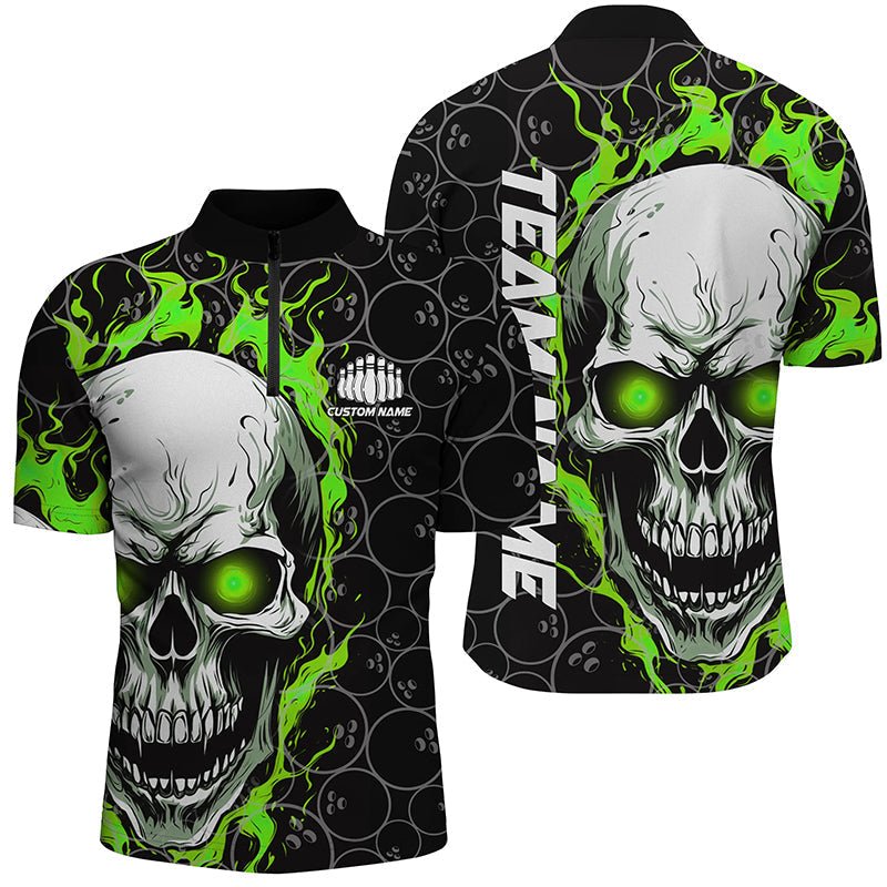 Individuelle Flaming Skull Team Bowling Shirts für Herren, Halloween Bowling Trikots | Grün P5149 - Climcat