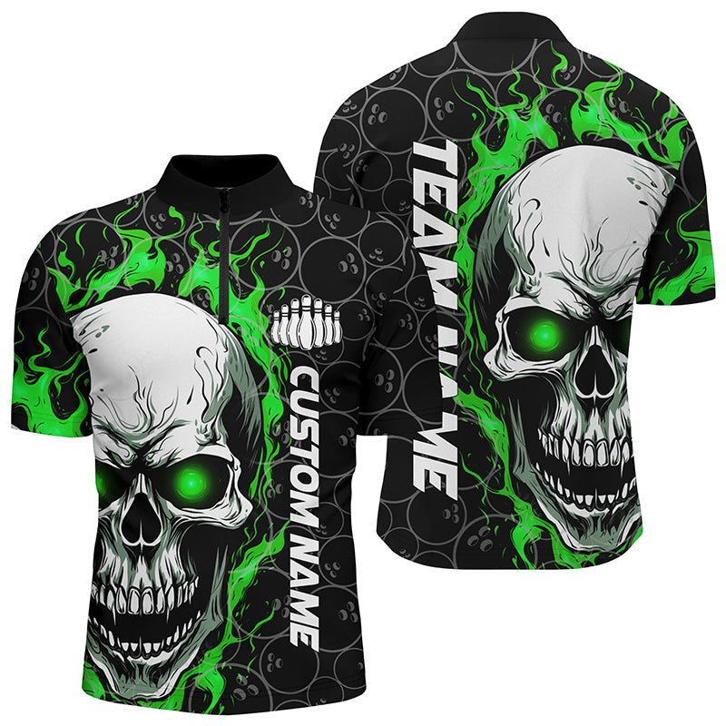 Individuelle Flaming Skull Team Bowling Shirts für Herren, Halloween Bowling Trikots | Grün P5180 - Climcat