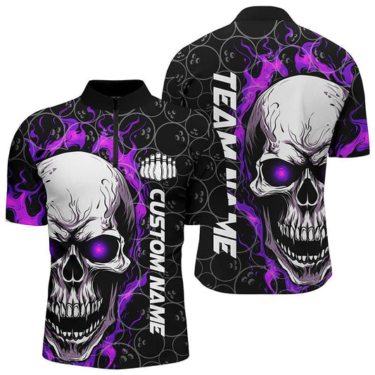 Individuelle Flaming Skull Team Bowling Shirts für Herren, Halloween Bowling Trikots | Lila P5181 - Climcat