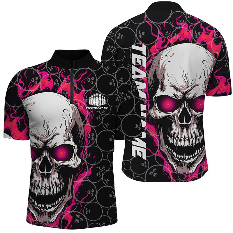 Individuelle Flaming Skull Team Bowling Shirts für Herren, Halloween Bowling Trikots | Pink P5150 - Climcat