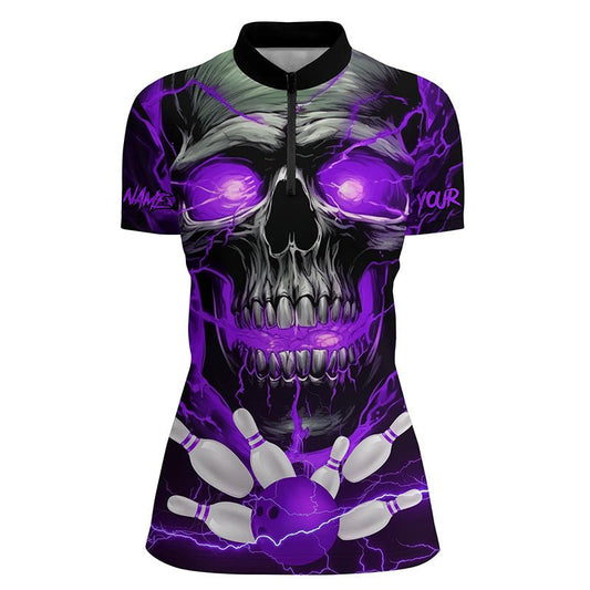 Individuelle Lila Donnerblitz Totenkopf Bowling Team Trikots Damen Viertelreißverschluss Shirts P5369 - Climcat