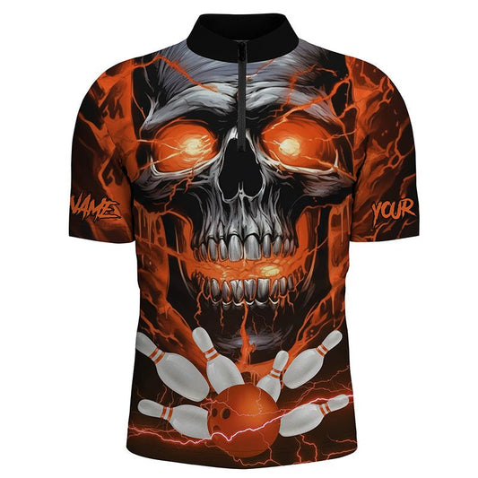 Individuelle Orange Thunder Lightning Skull Bowling Team Trikots Herren Viertelreißverschluss Hemden Bowling Liga P5370 - Climcat