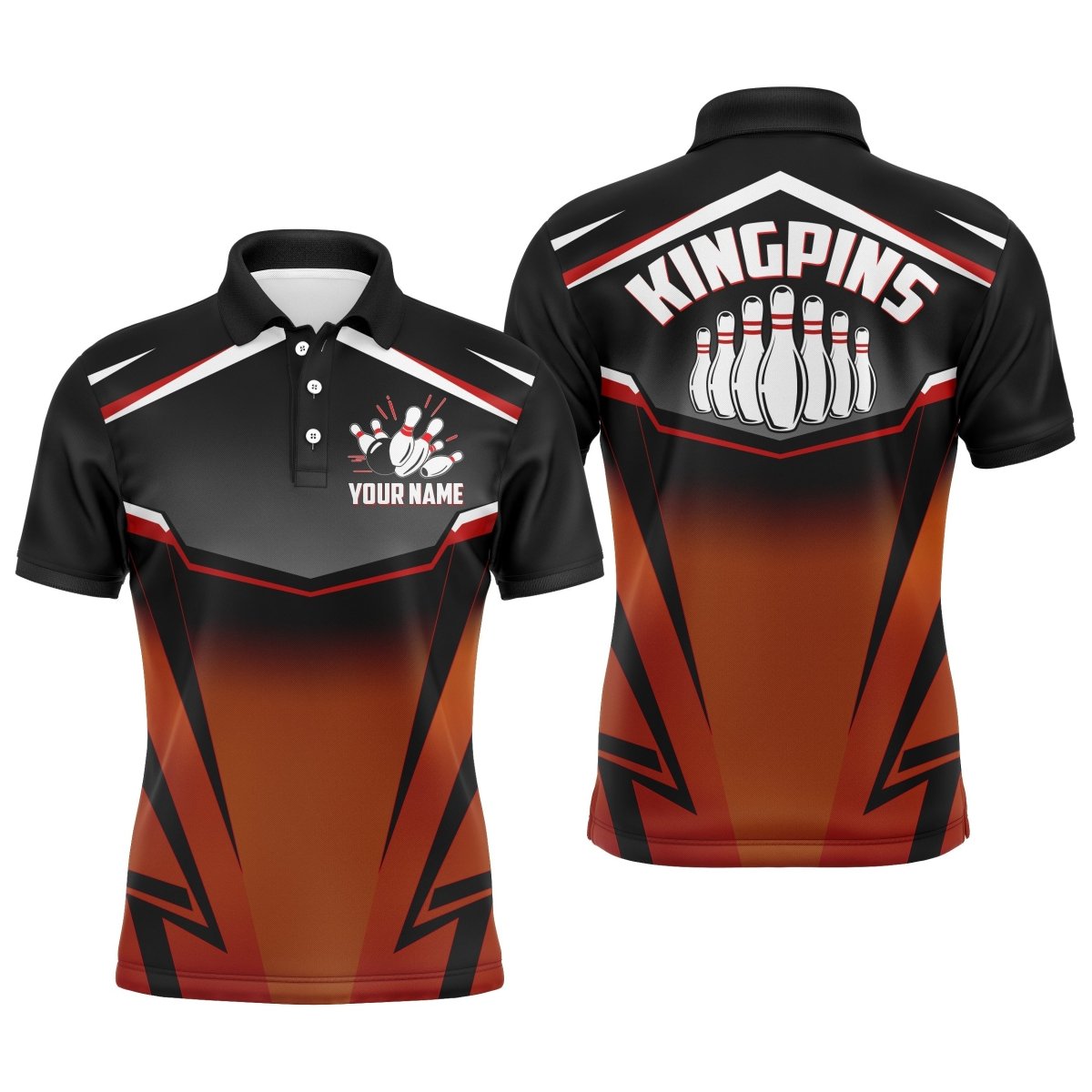Individuelles Bowling-Shirt für Herren, Kingpins Orange Polo Bowling-Shirt mit Namen, Herren-Bowler Trikot - Climcat