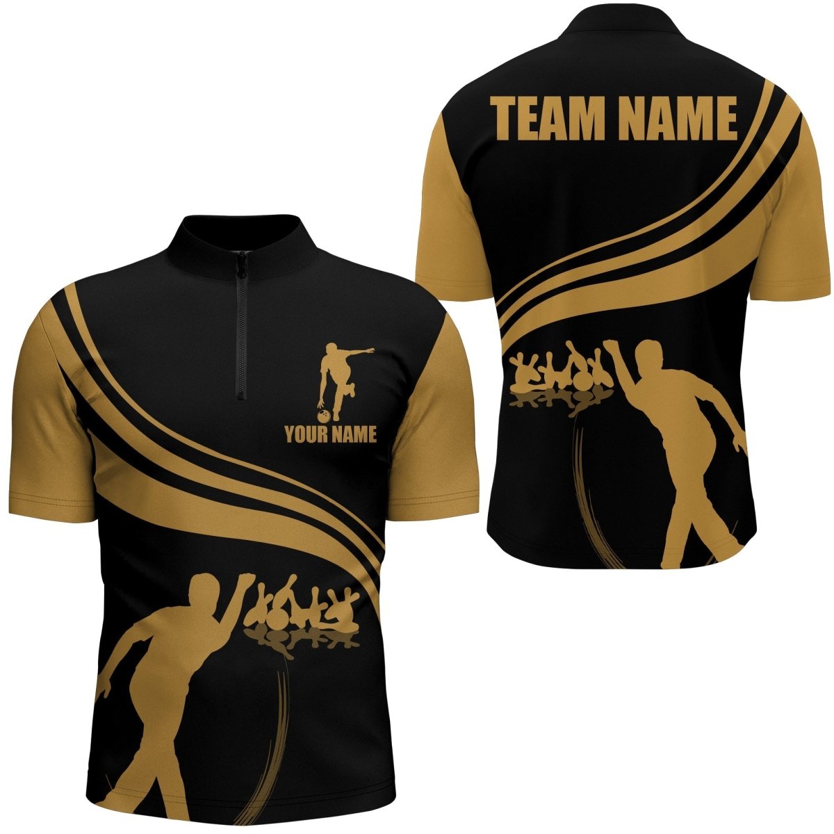 Individuelles Bowling-Shirt für Herren, Viertelreißverschluss-Shirt Schwarz und Gold, Herren-Bowler-Trikot, individuelles Bowling-Team N13 - Climcat