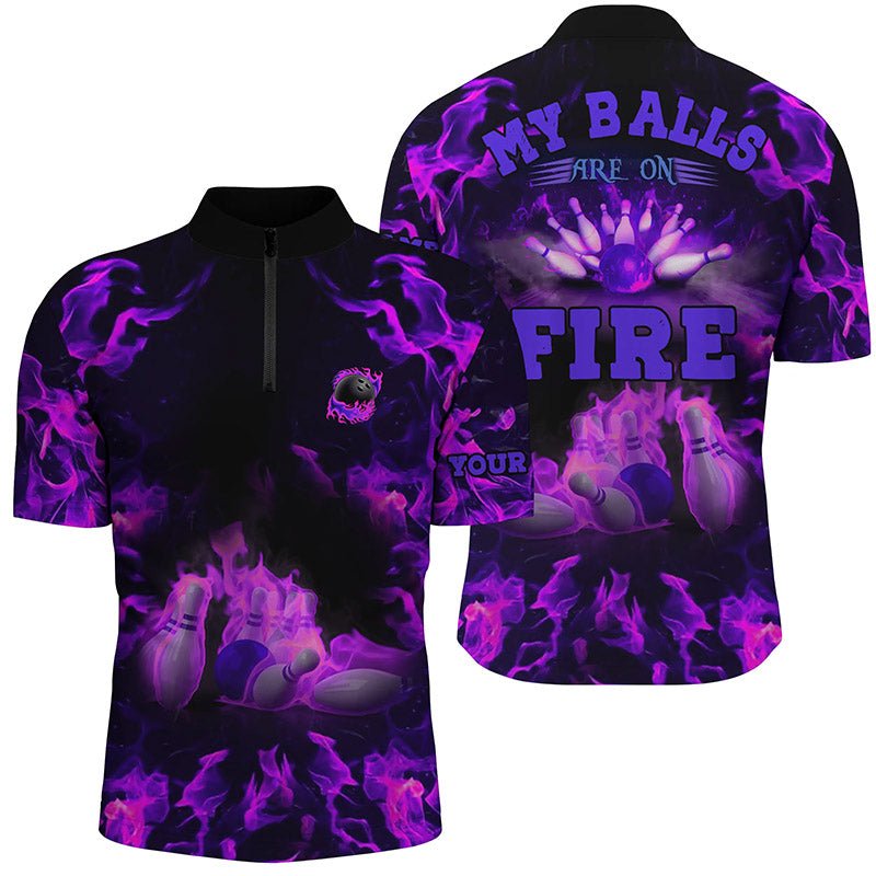 Individuelles Bowling-Shirt "Purple Flame" - Mein Ball ist in Flammen! Viertelreißverschluss für Herren, Bowling Trikot Q6459 - Climcat