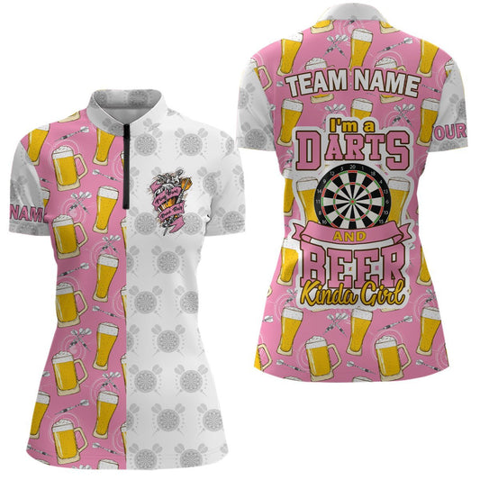 Individuelles Darts-1/4-Zip-Shirt in Pink für Damen - Ich bin eine Darts- und Bierliebhaberin I467 - Climcat