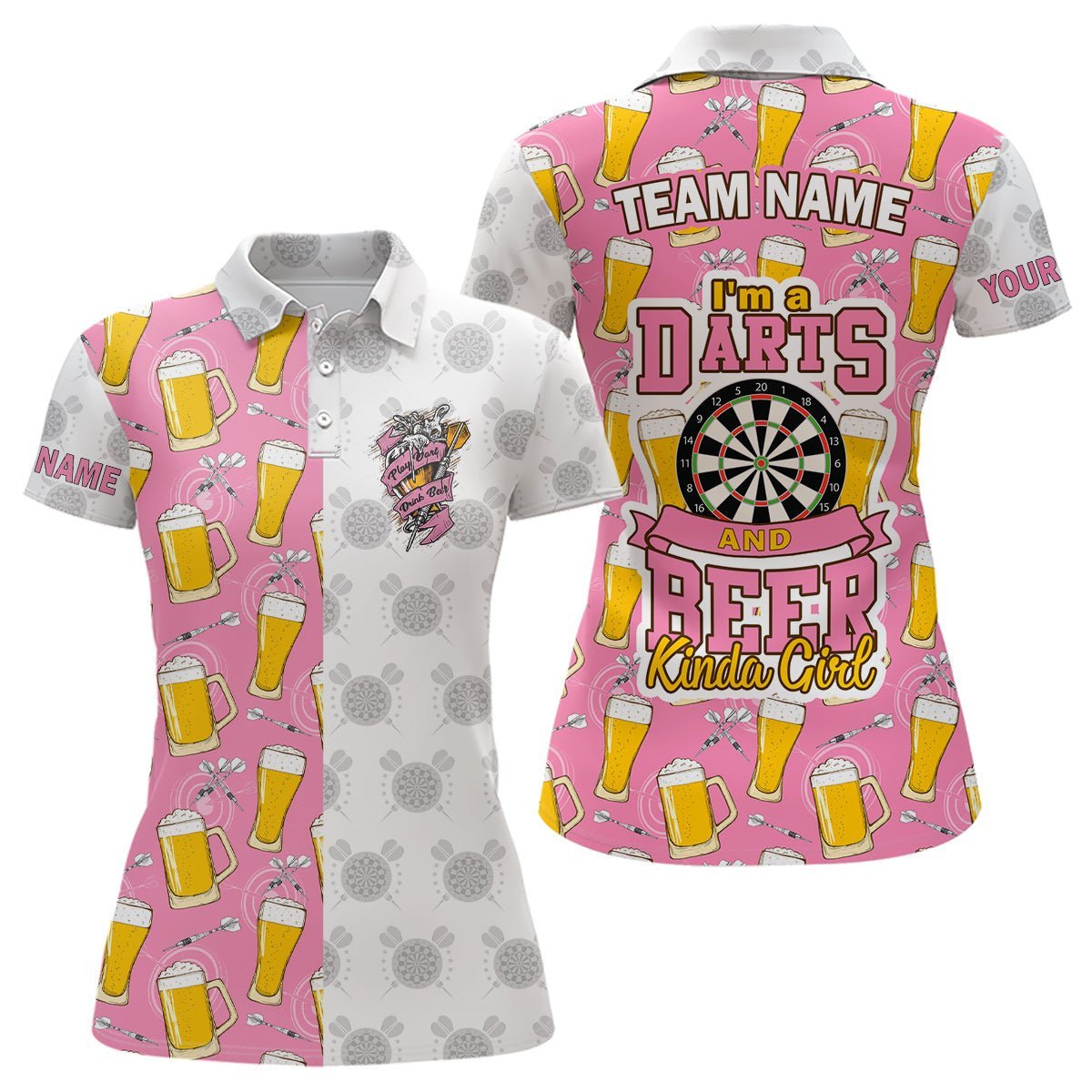 Individuelles Darts Polo Shirt für Damen - Ich bin eine Darts- und Bierliebhaberin - Pinkes Dart Trikot I664 - Climcat