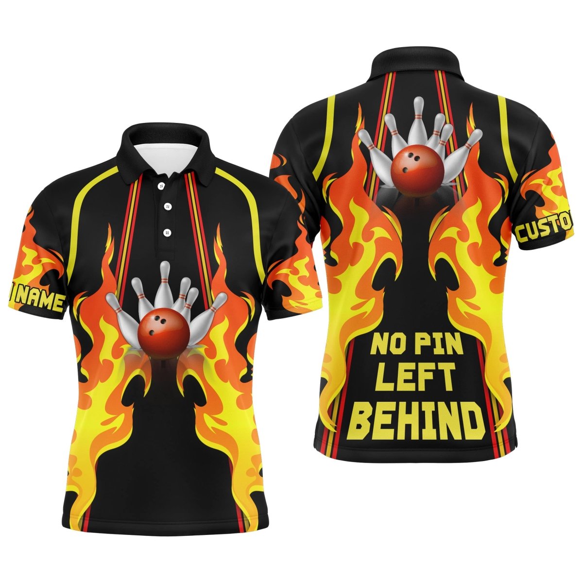 Individuelles Herren Bowling Polo Shirt "No Pin Left Behind", cooles Flammen Bowler Trikot B26 - Climcat