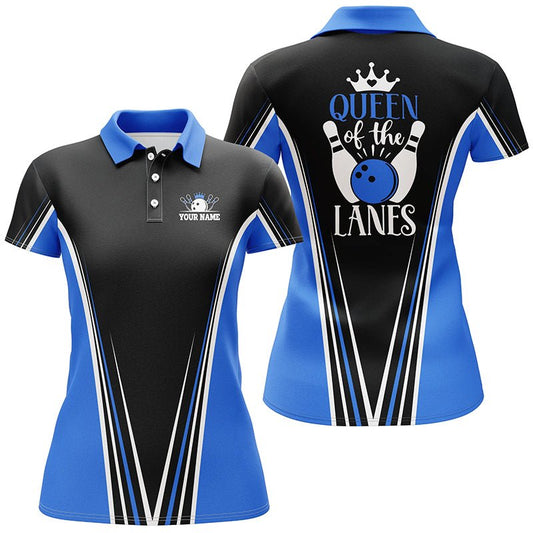 Königin der Bahnen Kurzarm-Polo-Bowlinghemden für Frauen, Personalisiertes Geschenk für Mädchen-Bowler | Blau Q5210 - Climcat