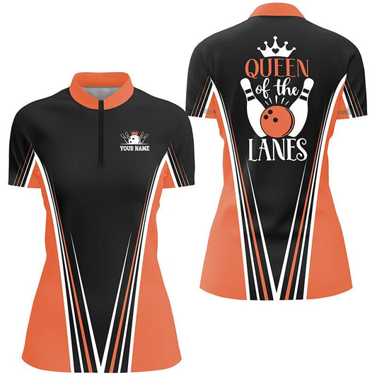 Königin der Bahnen Viertelreißverschluss Bowlingshirts für Frauen, Personalisiertes Geschenk für Mädchen-Bowler | Orange Q4648 - Climcat