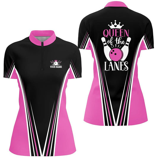 Königin der Bahnen Viertelreißverschluss Bowlingshirts für Frauen, Personalisiertes Geschenk für Mädchen-Bowler | Rosa Q5211 - Climcat