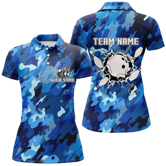 Kurzarm Bowling Polo Shirts für Damen | Personalisiertes Bowlingball und Pins | Blau Camo Bowling Team Trikot Q6285 - Climcat