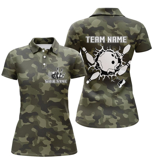 Kurzarm Bowling Polo Shirts für Damen | Personalisiertes Bowlingball und Pins | Grün Camo Bowling Team Trikot Q5261 - Climcat