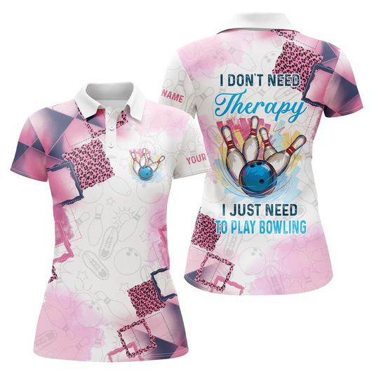 Kurzarm-Polo-Bowling-Shirt für Damen mit individuellem Namen - Ich brauche keine Therapie, ich muss nur Bowling spielen - Q4812 - Climcat