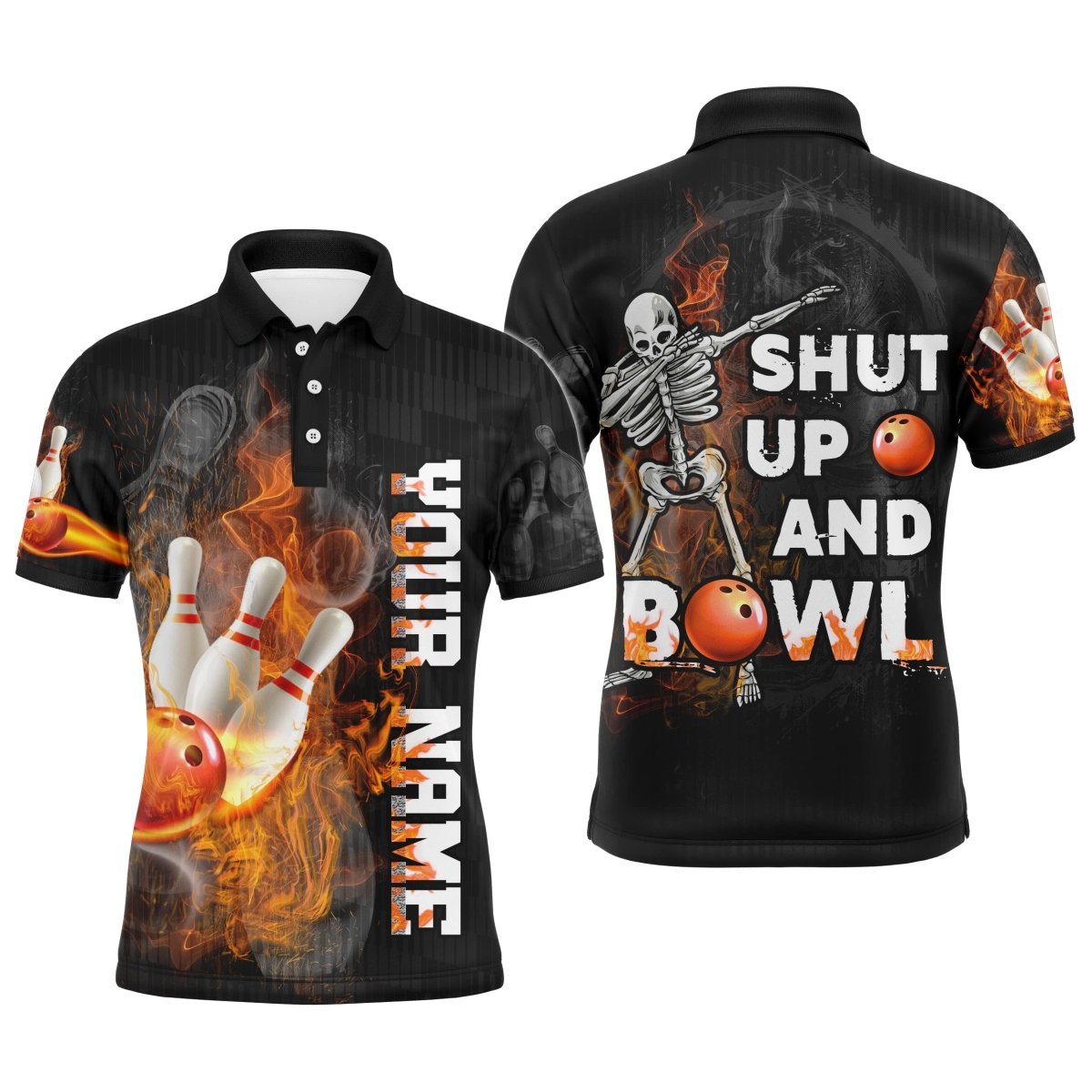 Lass die Kugeln rollen - Lustiges Bowling-Polo-Shirt für Herren, personalisiertes Flammen-Schädel-Bowler-Trikot B19 - Climcat