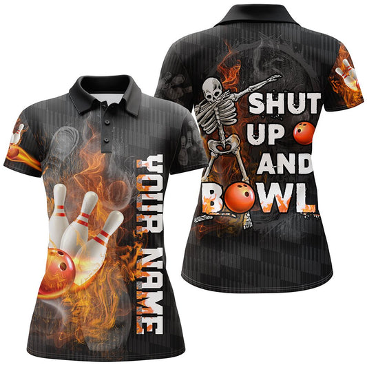 Lass die Kugeln rollen - Lustiges Bowling-Shirt für Damen, Polo-Stil, personalisiert mit Flammen-Schädel-Motiv, Bowler-Trikot B19 - Climcat