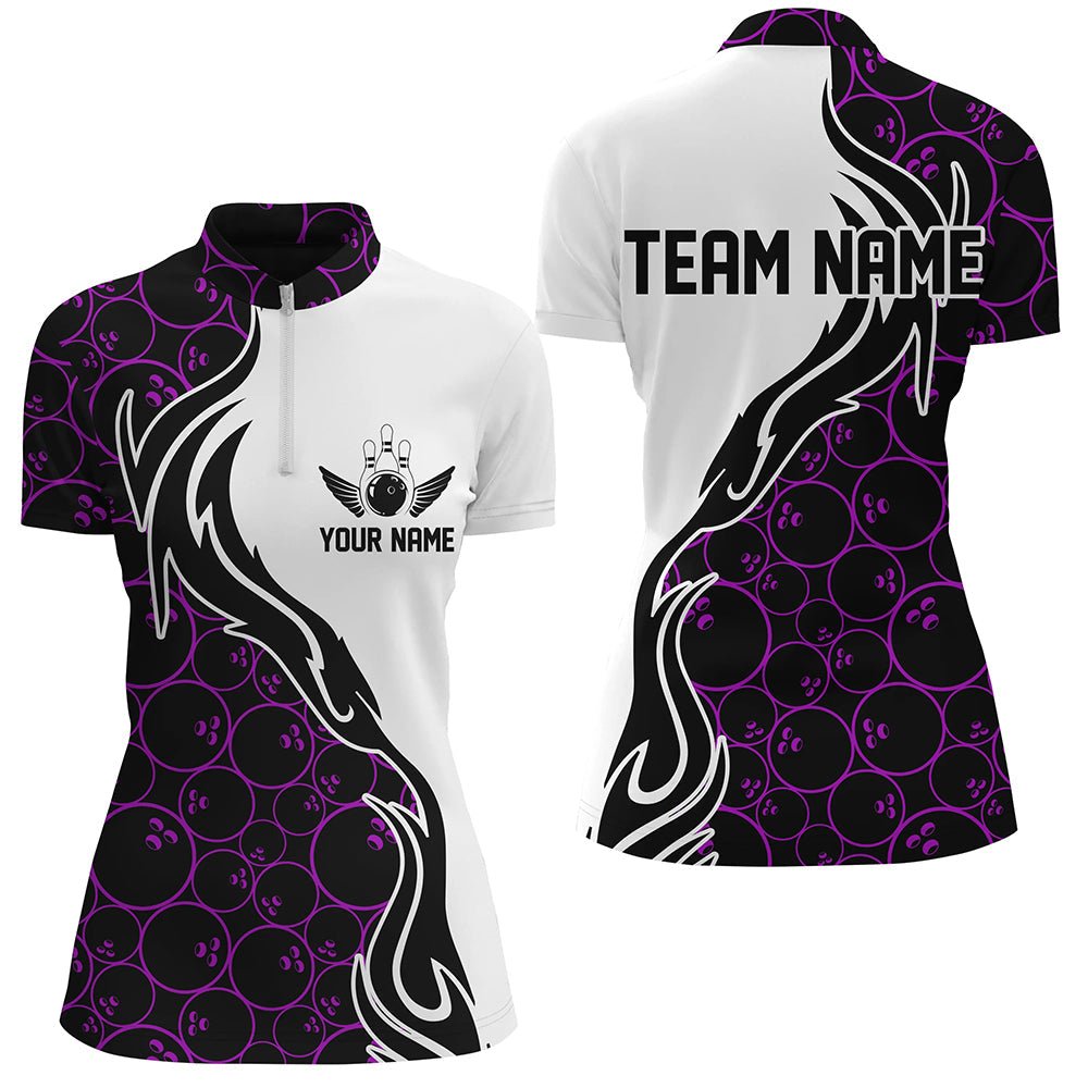 Lila Bowlingmuster Personalisierte Damen Bowling Viertelreißverschluss-Shirts Flammen Bowling Team Trikots P5310 - Climcat