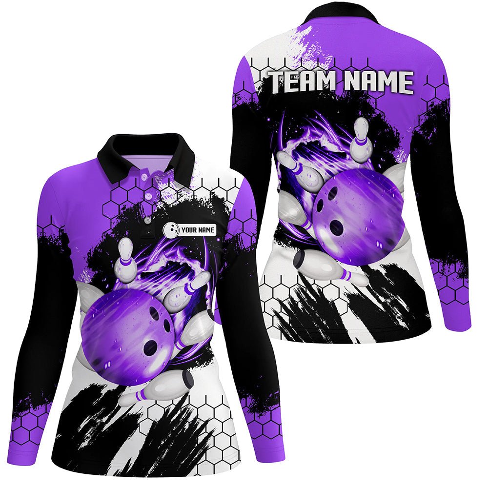 Lila Flammen Bowlingkugel und Pins Trikots Individuelle Team Liga Bowling Polo Shirts für Frauen Q6578 - Climcat