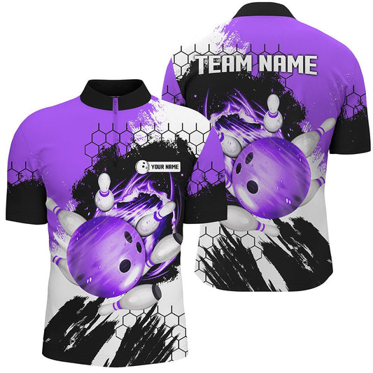 Lila Flammen Bowlingkugel und Pins Trikots Individuelle Team Liga Bowling Viertel Reißverschluss Shirts Für Herren Q6578 - Climcat