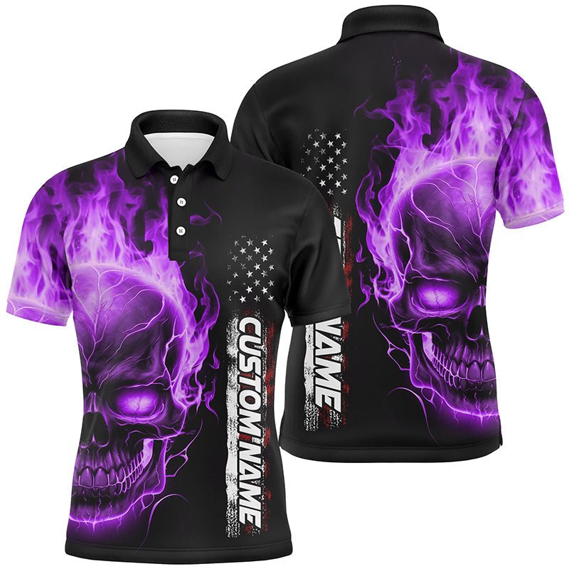 Lila Flammen Schädel Personalisierte Bowling Polo Shirts für Herren und Damen, Amerikanische Bowling Team Trikots P5276 - Climcat