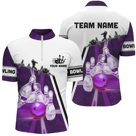 Lila Galaxie Licht Bowlingkugel Pins - Personalisierte Herren Bowling Quarter Zip Team Liga Trikots Q6768 - Climcat