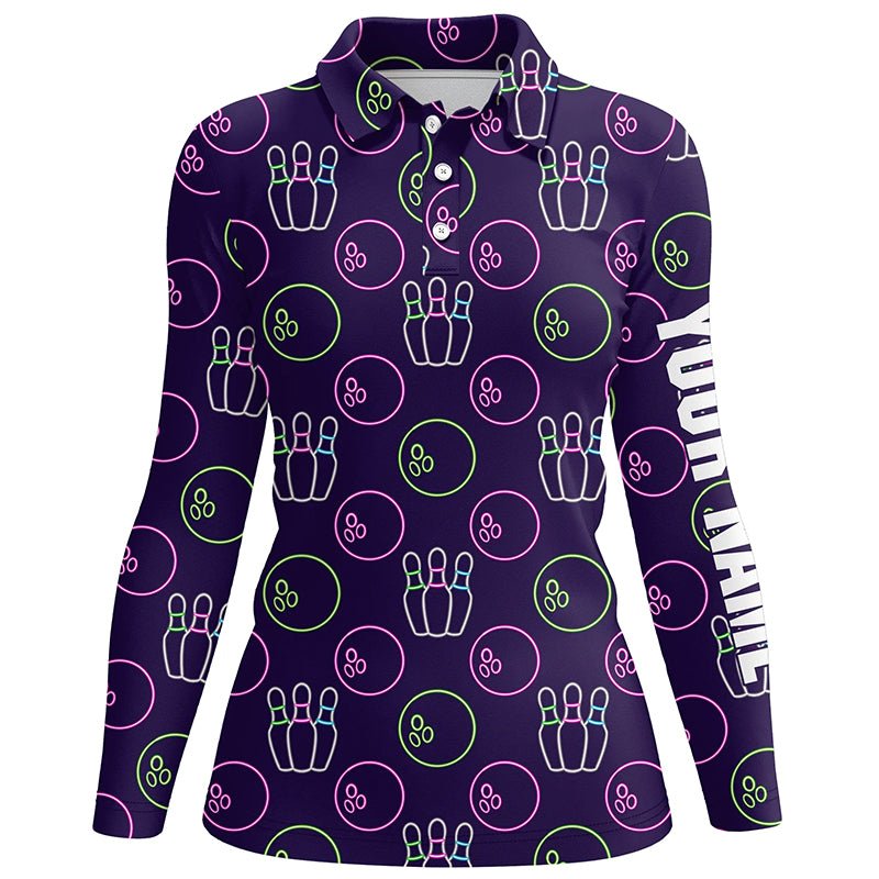 Lila Neon Bowling nahtloses Muster Personalisiertes Damen Bowling Polo Shirt, Bowling Team Liga Trikots Q6762 - Climcat