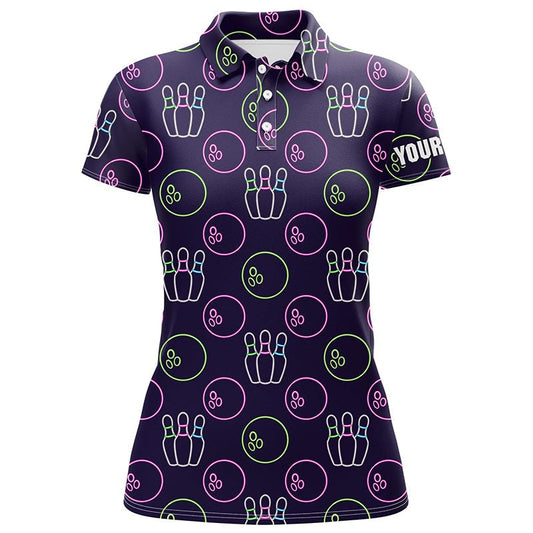 Lila Neon Bowling nahtloses Muster Personalisiertes Damen Bowling Polo Shirt, Bowling Team Liga Trikots Q6762 - Climcat