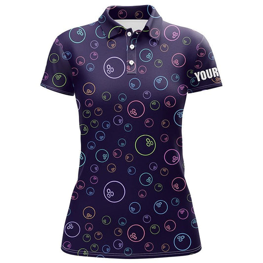 Lila Neon Bowlingkugel leuchtendes Muster Personalisiertes Damen-Bowling-Poloshirt, Bowling-Team-Liga-Trikots Q6764 - Climcat