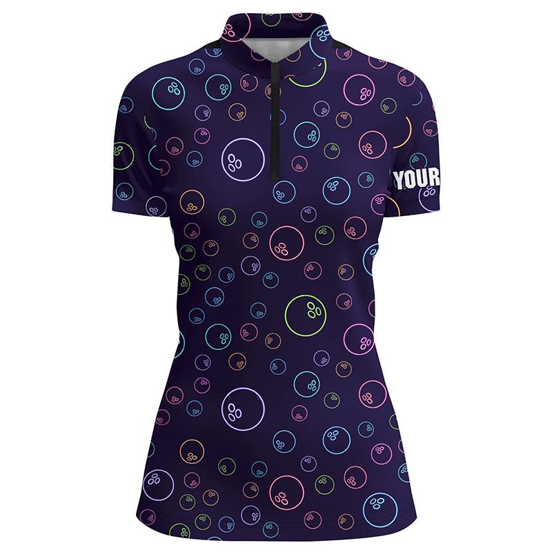 Lila Neon Bowlingkugel leuchtendes Muster Personalisiertes Damen Bowling Quarter Zip Shirt Team Liga Trikots Q6764 - Climcat