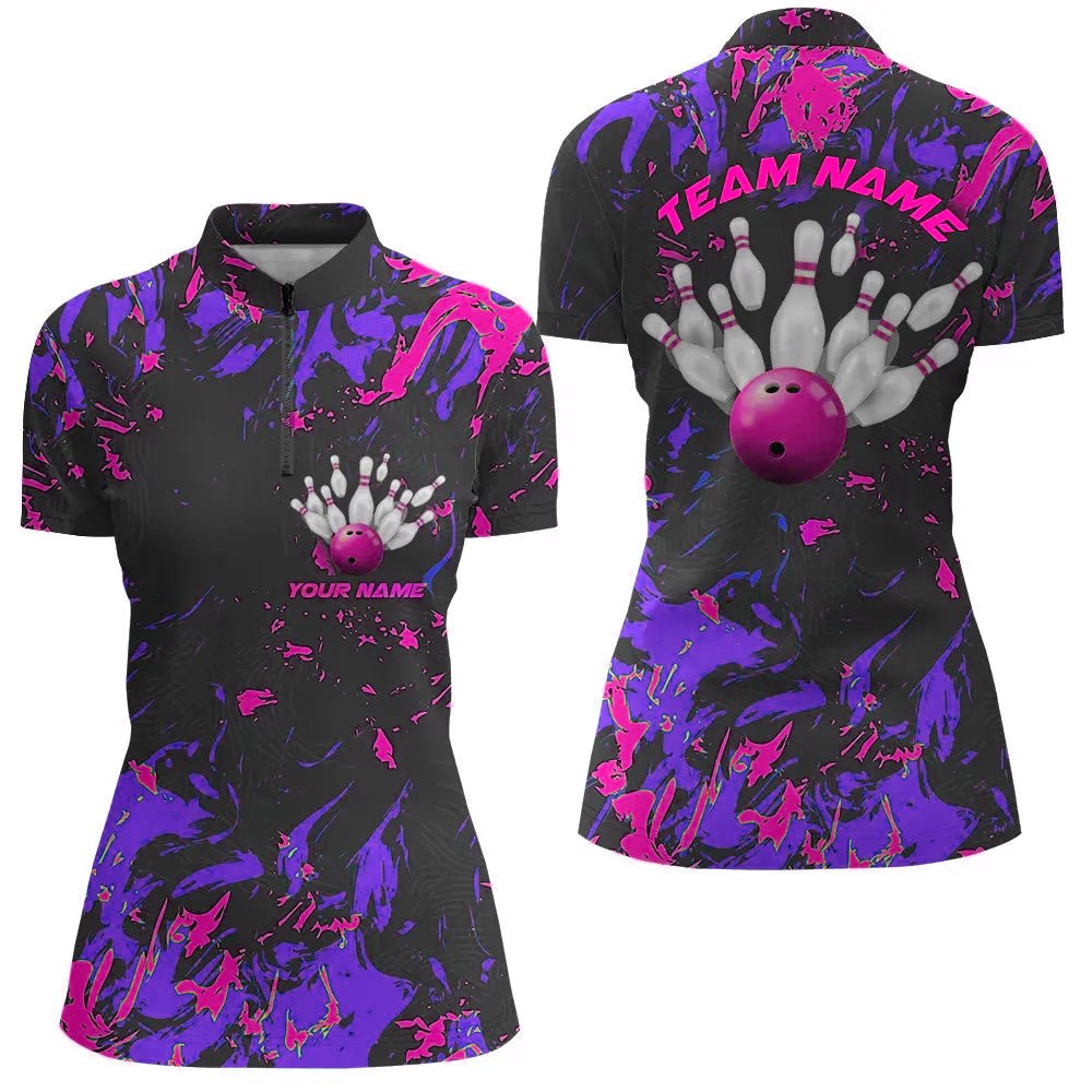 Lila und Pink Camo Bowling Team Shirts für Damen - Individuell gestaltete Bowling Liga Shirts mit Viertelreißverschluss P5365 - Climcat