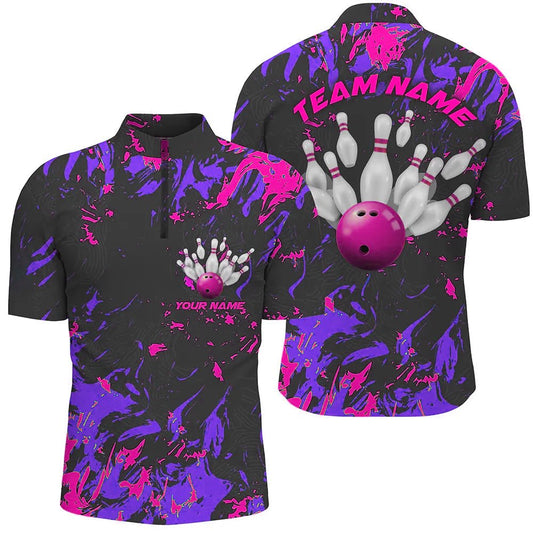 Lila und Pink Camo Bowling Team Shirts für Herren | Individuell gestaltbare Viertelreißverschluss-Shirts für Bowling-Liga | P5365 - Climcat