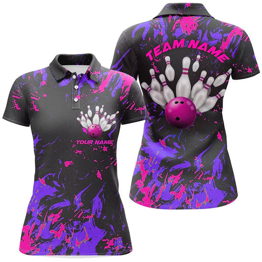 Lila und Pink Camo Bowling Team Shirts - Personalisierte Damen Polo Shirts für Bowling Liga - P5365 - Climcat