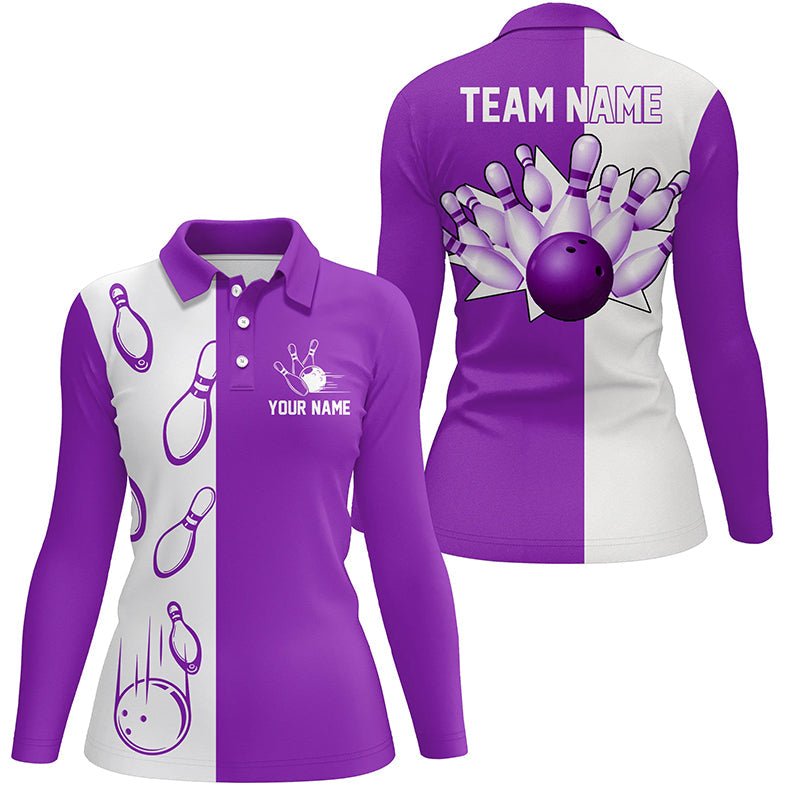 Lila und weiße Retro-Vintage-Bowling-Polo-Shirts für Damen - Individuelle Bowling-Teamtrikots Q6656 - Climcat
