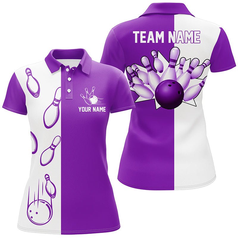 Lila und weiße Retro-Vintage-Bowling-Polo-Shirts für Damen - Individuelle Bowling-Teamtrikots Q6656 - Climcat