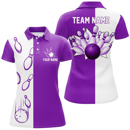 Lila und weiße Retro-Vintage-Bowling-Polo-Shirts für Damen - Individuelle Bowling-Teamtrikots Q6656 - Climcat
