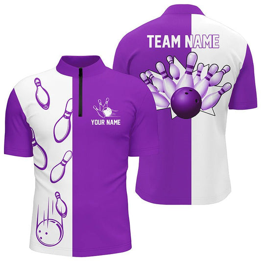 Lila und weiße Retro-Vintage-Bowling-Quarter-Zip-Shirts für Herren - Individuelle Bowling-Teamtrikots Q6656 - Climcat