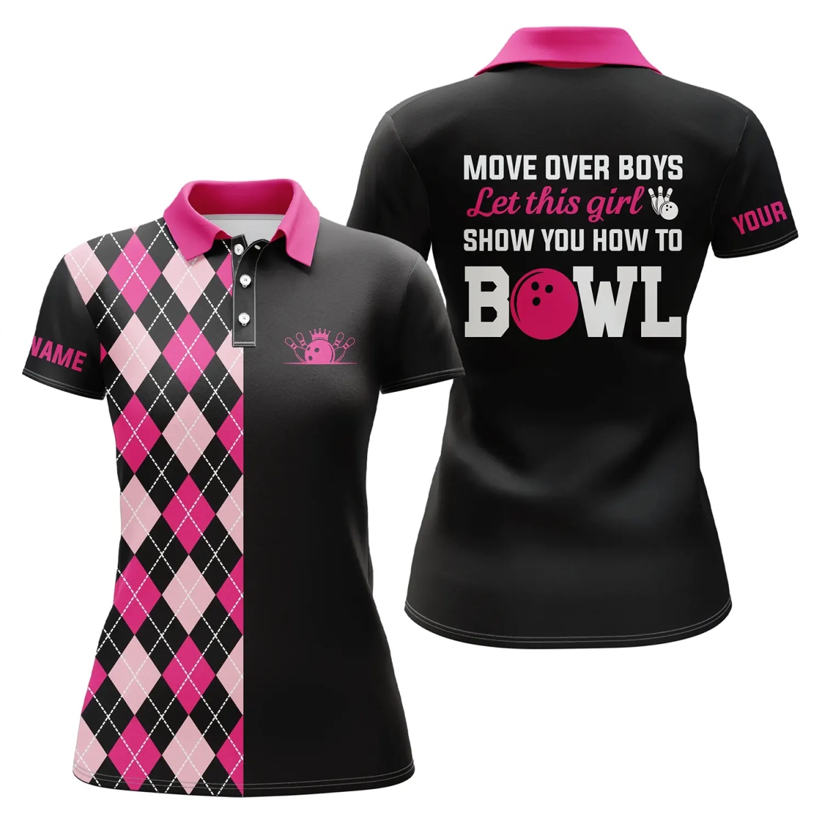 Lustige Bowling-Poloshirts für Frauen | Individuell gestaltet | Zeig den Jungs, wie man bowlt | Pink Q4869 - Climcat