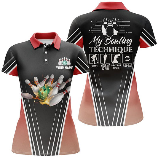 Lustige Damen Bowling Polo Shirts mit individuellem Namen | Mein Bowlingtechnik | Team Damen Bowler Trikot | Rot Q4814 - Climcat